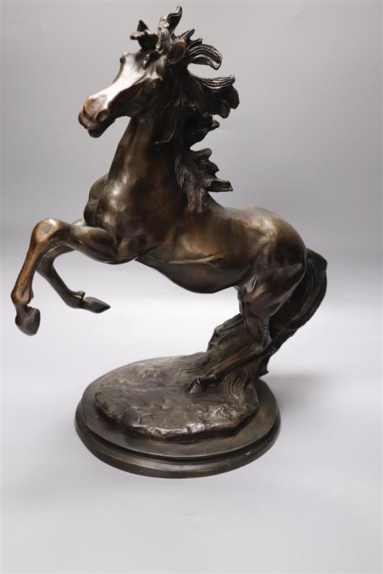 A modern bronze rearing horse, height 41cm